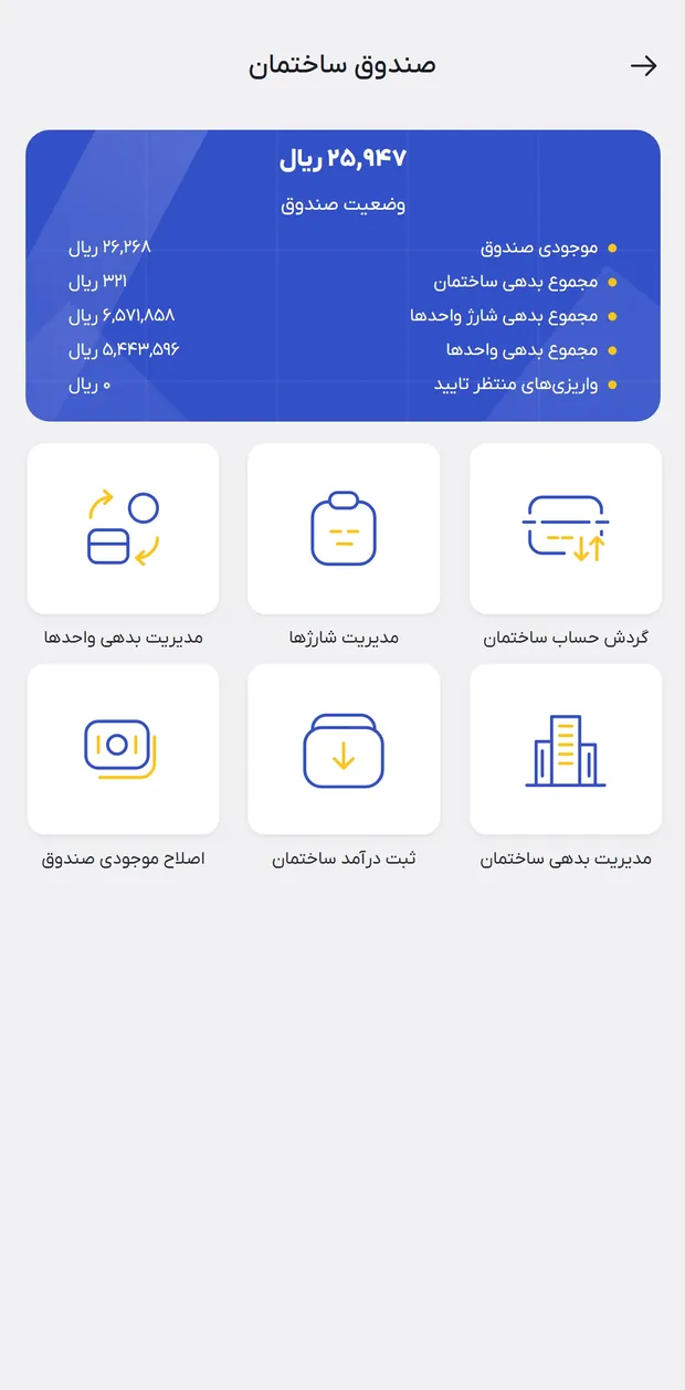 صفحه صندوق ساختمان در اپلیکیشن شارژپی: موجودی صندوق، مجموع بدهی واحدها و گردش حساب